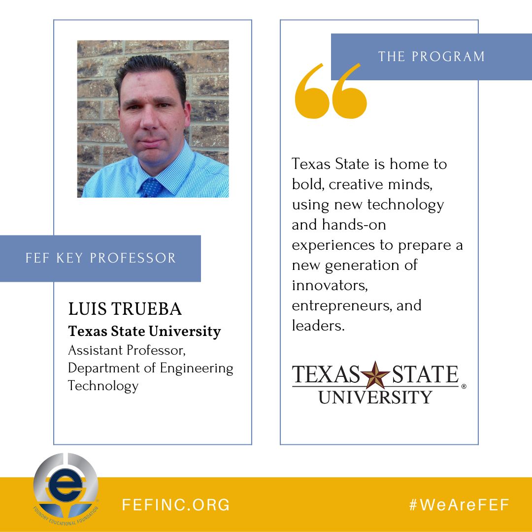 FEF_INC's tweet photo. FEF Key Professors Luis Trueba (Texas State University - @txst) and Darryl Webber (Trine University - @TrineUniversity) share how they support students in their metalcasting education.
#WeAreFEF #FutureofFoundry #TexasState #TrineUniversity #FEF #Community #Education https://t.co/umqA1goGED