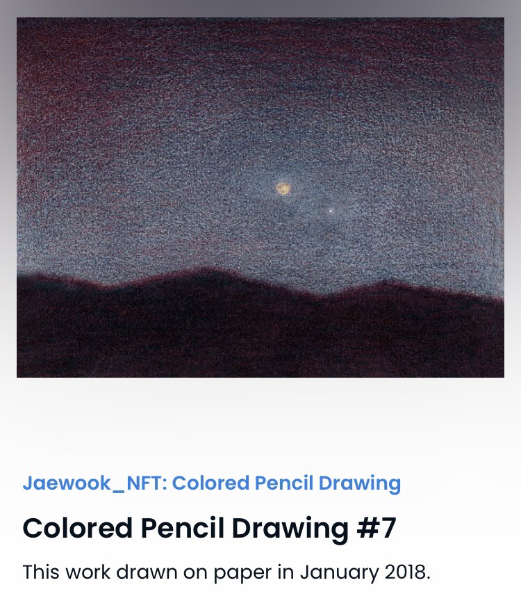 jaewook_nft's tweet photo. 「Minting」

A night with the moon and star.

Drawn with colored pencil on paper in January 2018.

🔗https://t.co/lkRYKxuFsS

#nft #nfts #nftart #nftartist #nftcollection #nftcollector #nftcommunity #koreannft #opensea #openseanft https://t.co/hWstHGlycg