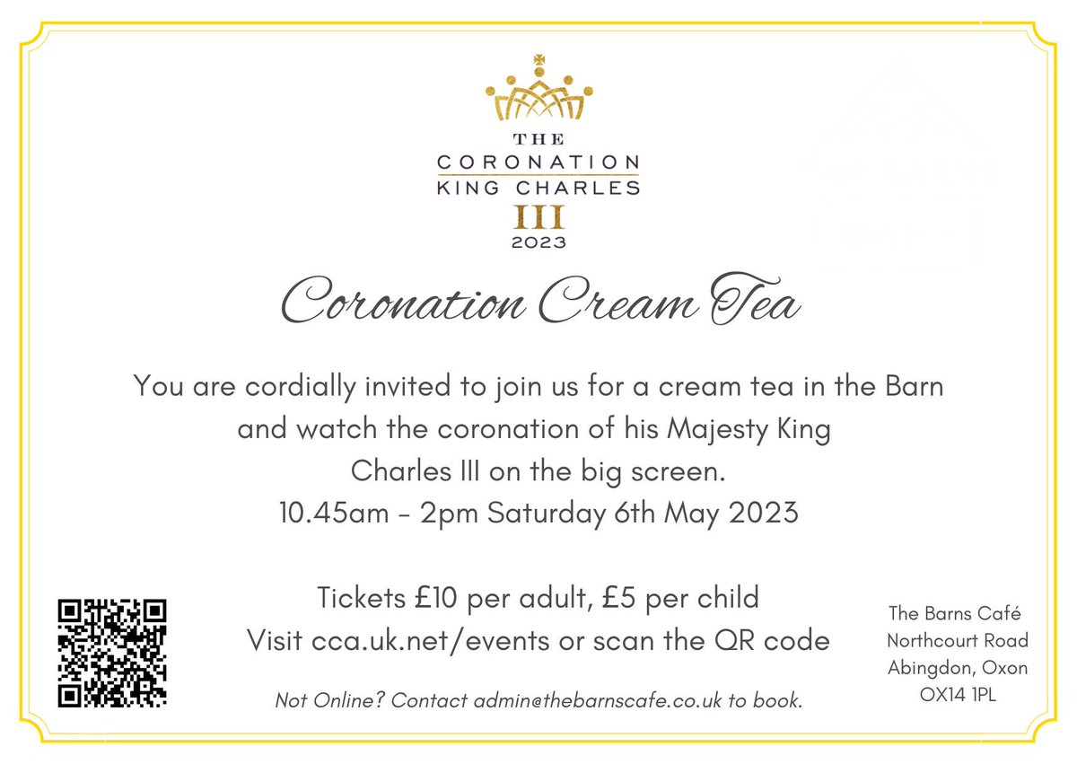 One week to go until the coronation - why not join us for a cream tea and watch on the big screen - book your place here by clicking the link or scan the QR code  cca.churchsuite.com/events/6epnjx45