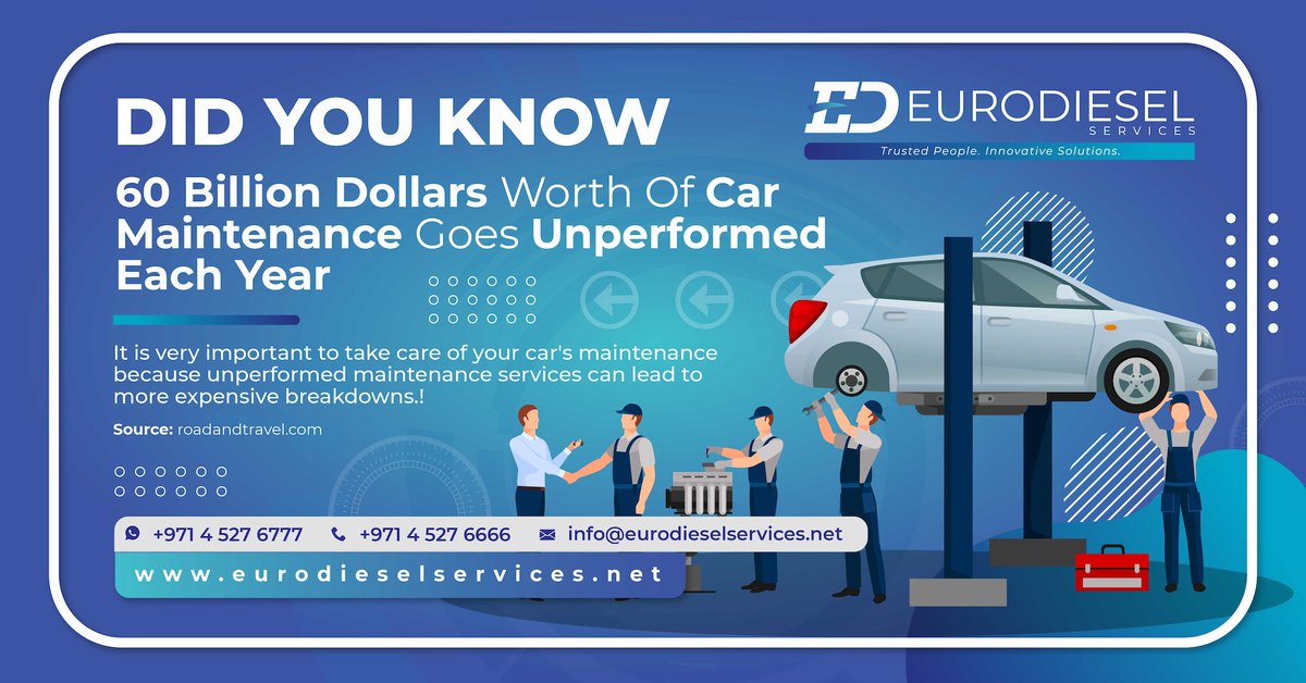 60 Billion Dollars Worth Of Car Maintenance Goes Unperformed Each Year
#Eurodiesel #automobilefacts #CarMaintenance #CarCare #AutoMaintenance #OilChange #EngineMaintenance #CarService #DIYCarMaintenance #didyouknow #didyouknowfacts #didyouknowsaturday #car #cars #autogram