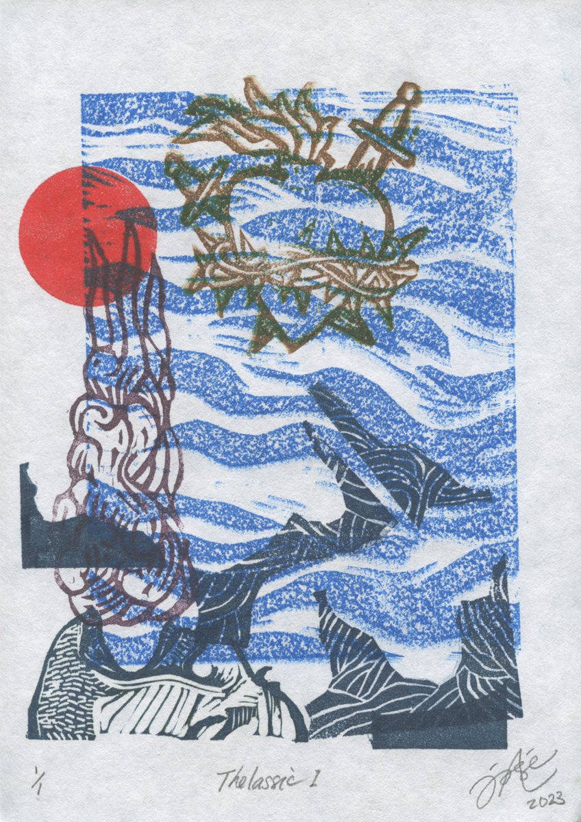 chonggo's tweet photo. “Thalassic I” 2023, #ReliefPrint #Printmaking #RubberCut #Print #WashiPaper https://t.co/y9bBHY9lnZ