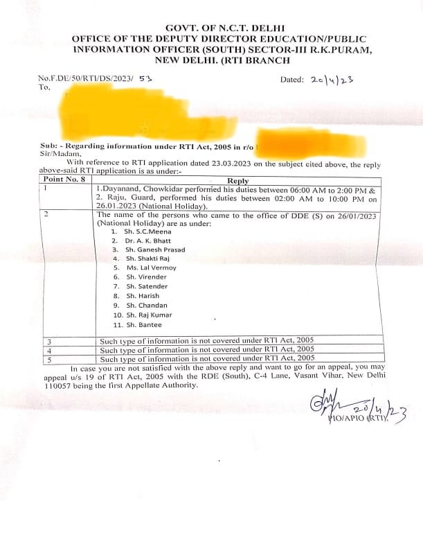 26 जनवरी 2023 ( नेशनल होलीडे) को शिक्षा विभाग के कुछ अधिकारी बिना आदेश प्राप्त करे क्या करने के लिए कार्यालय खोलते हैं, यह जांच का विषय है, इन सबको ससपेंड करके विजीलेंस जाँच कराई जाए ।
RTI से मिली जानकारी 
<a href="/AtishiAAP/">Atishi</a> <a href="/ArvindKejriwal/">Arvind Kejriwal</a> <a href="/Dir_Education/">DIRECTORATE OF EDUCATION Delhi</a>