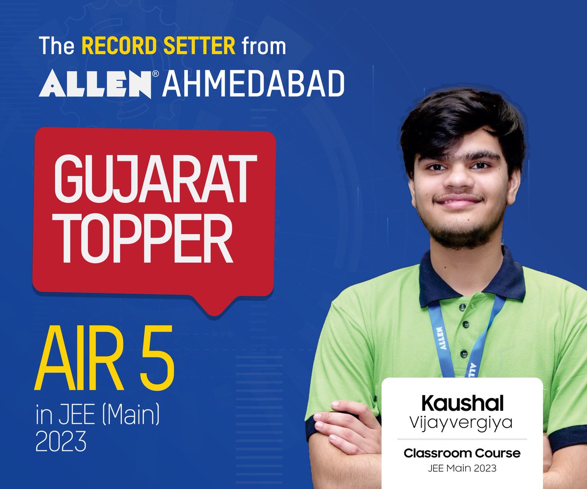 ALLENGujarat's tweet photo. ALLEN Ahmedabad has once again achieved a great milestone! Kaushal Vijayvargiya has etched his name in history by securing All India Rank #5 and becoming the Gujarat Topper in JEE (Main) 2023! 🎉
We heartily congratulate him for his epic victory!
#ALLENAhmedabad #GujaratTopper https://t.co/JL2E0rGesb