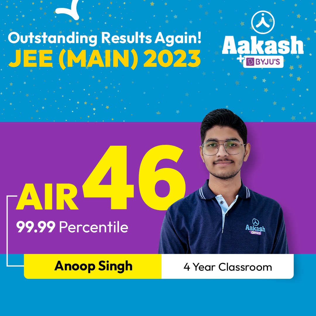 Once again outstanding results by Aakashians in JEE (Main) 2023. Our classroom student, Anoop Singh has secured 99.99 percentile & AIR - 46. Congratulations!

#jee #jeemain2023 #jeeresults #jeetopper
#jeeexam #jeesession2 #jee2023