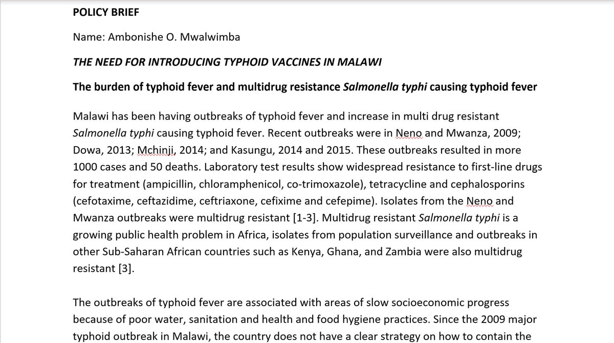 AmboNishe's tweet photo. As Malawi will be having a country wide typhoid conjugate vaccine (TCV) campaign from mid May I am reminded of my Policy Brief I submitted as part of SECURE Health evidence policy cohort of 2015-16 advocating for the same. 
#VaccinesWork
#ForEveryChildHealth https://t.co/JjVVsCOSrz