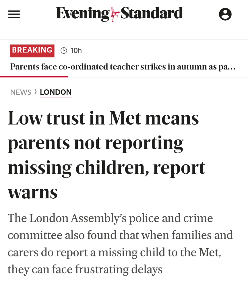 lostplanetearth's tweet photo. #Lowtrust in #Metpolice means #parents #notreporting #missingchildren, #report #warns
#GB #lostplanetearth
https://t.co/eWJWhS62Nm https://t.co/i6wd1tD35C