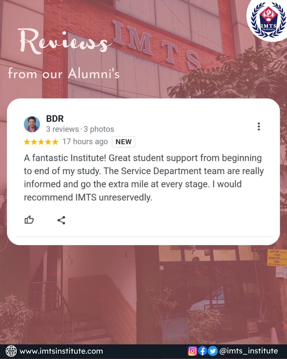 IMTSINSTITUTE's tweet photo. Review from our one of Alumni on Google, Website link in bio-
Follow us for more- @IMTSINSTITUTE
#Review #Testimonial #Feedback #ServiceFeedback #GoogLeReview #OnlineLearningPlatform #DistanceEducation #IMTSInstitute #IMTSNoida https://t.co/G2XjrgI3UW