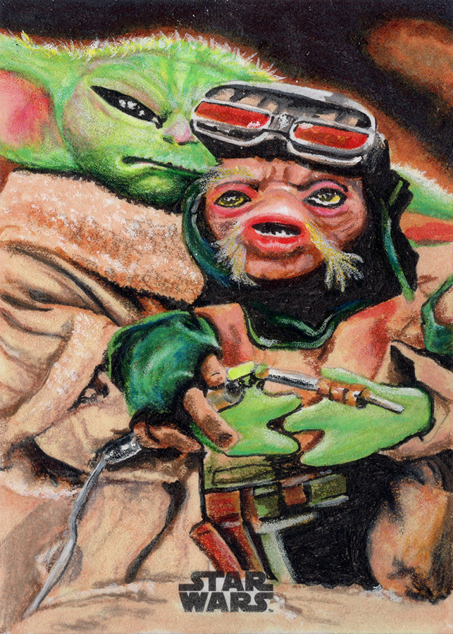 A few recent #Sketchcard #commissions, #Grogu #babyyoda #DisneyPlus #Mandalorian #StarWars colored pencil and Copic markers on 2.5X3.5 inch card stock