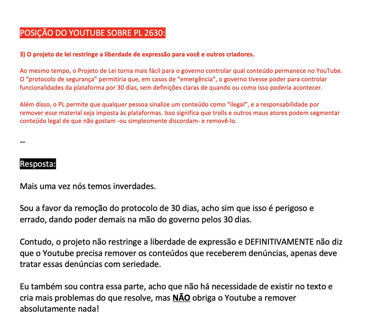 Respondendo o posicionamento oficial do Youtube sobre o PL 2630 de regulação das mídias digitais no Brasil.

Peço q todo criador de Youtube leia com atenção, pq eu nunca vi uma tentativa tão pesada de utilização dos criadores para defender os interesses do Google.