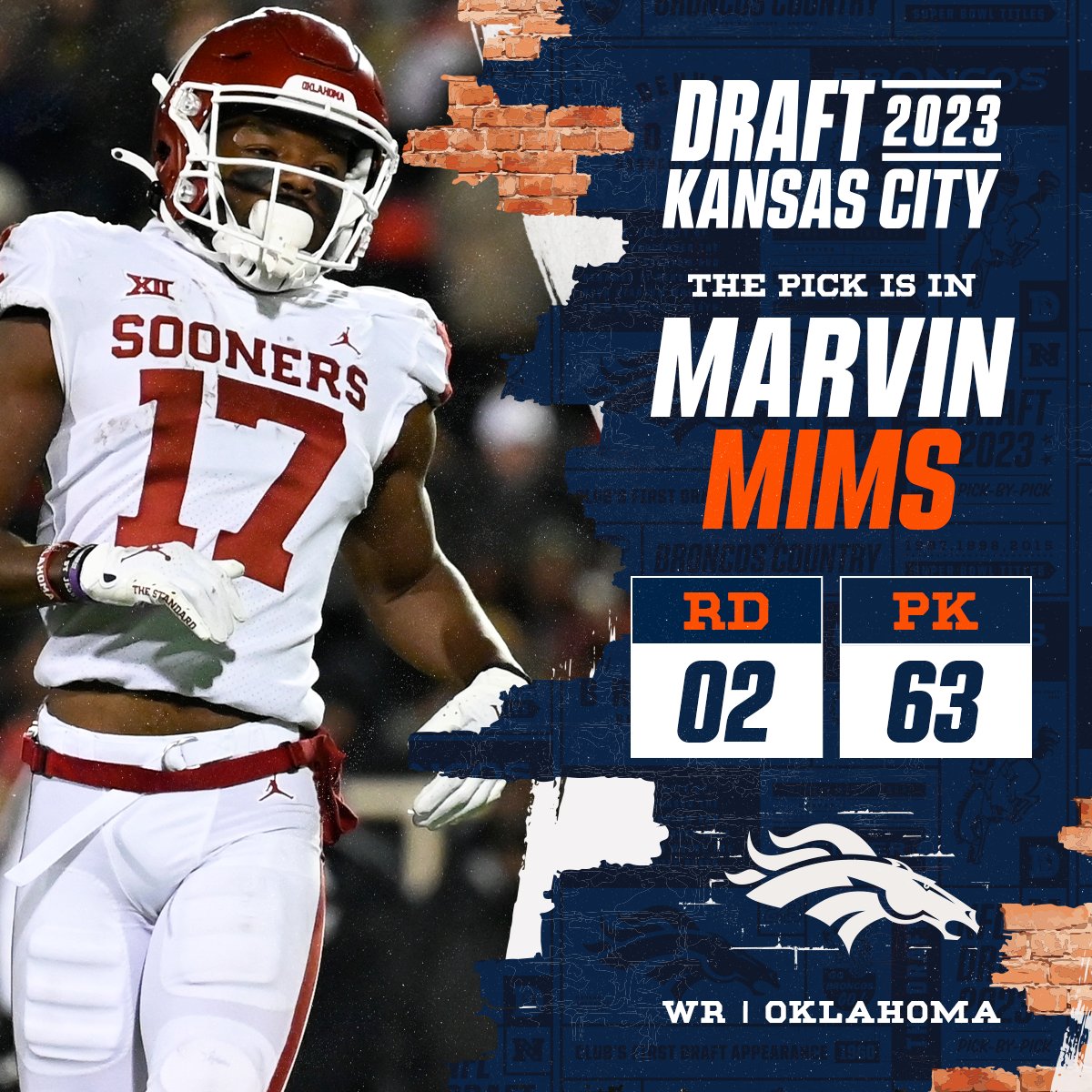 With the No. 63 overall pick in the 2023 <a href="/NFLDraft/">NFL Draft</a>, the <a href="/Broncos/">Denver Broncos</a> select Marvin Mims!

📺: 2023 #NFLDraft on NFLN/ESPN/ABC
📱: Stream on NFL+ bit.ly/3Nk9PrV