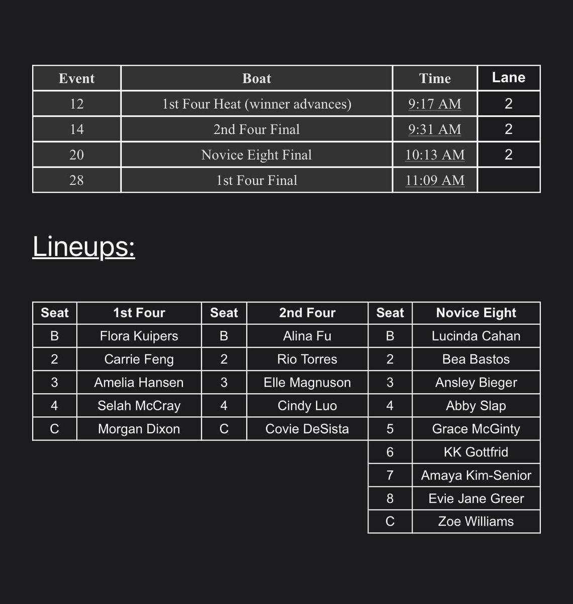 EHS_Rowing's tweet photo. Race times and lineups for the Charlie Butt Regatta at the Georgetown Waterfront. Come join us tomorrow for our last regular season regatta! #raceday #episcopalrowing @ehsmaroon https://t.co/CResqckiQy