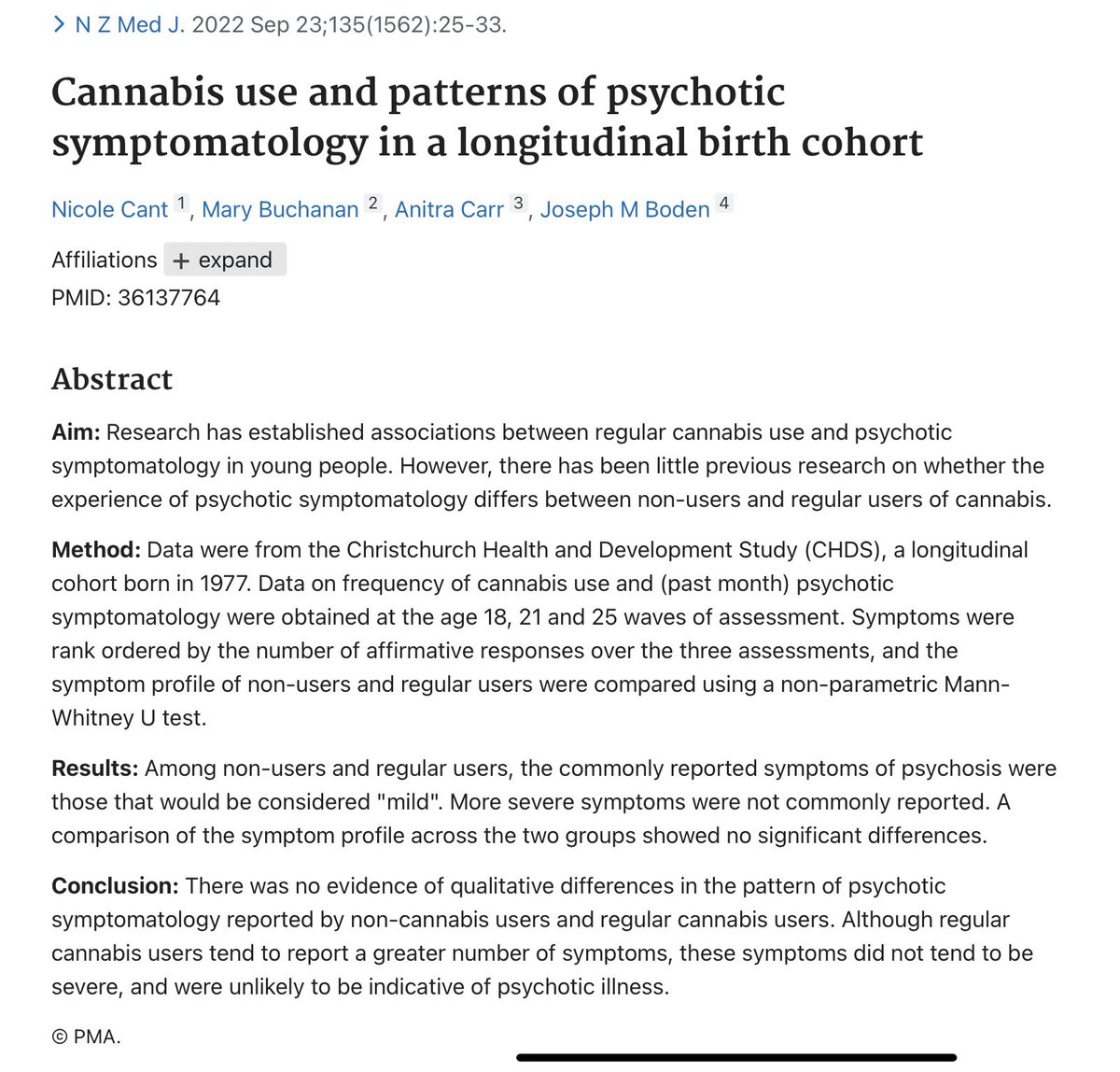 統計的には大麻を吸っても精神病は増えない。

1977年生まれのニュージーランドのコホートデータを解析したところ、大麻喫煙者と非喫煙者の精神病症状の罹患率は差がなかった。
pubmed.ncbi.nlm.nih.gov/36137764/

＃今日の大麻医学