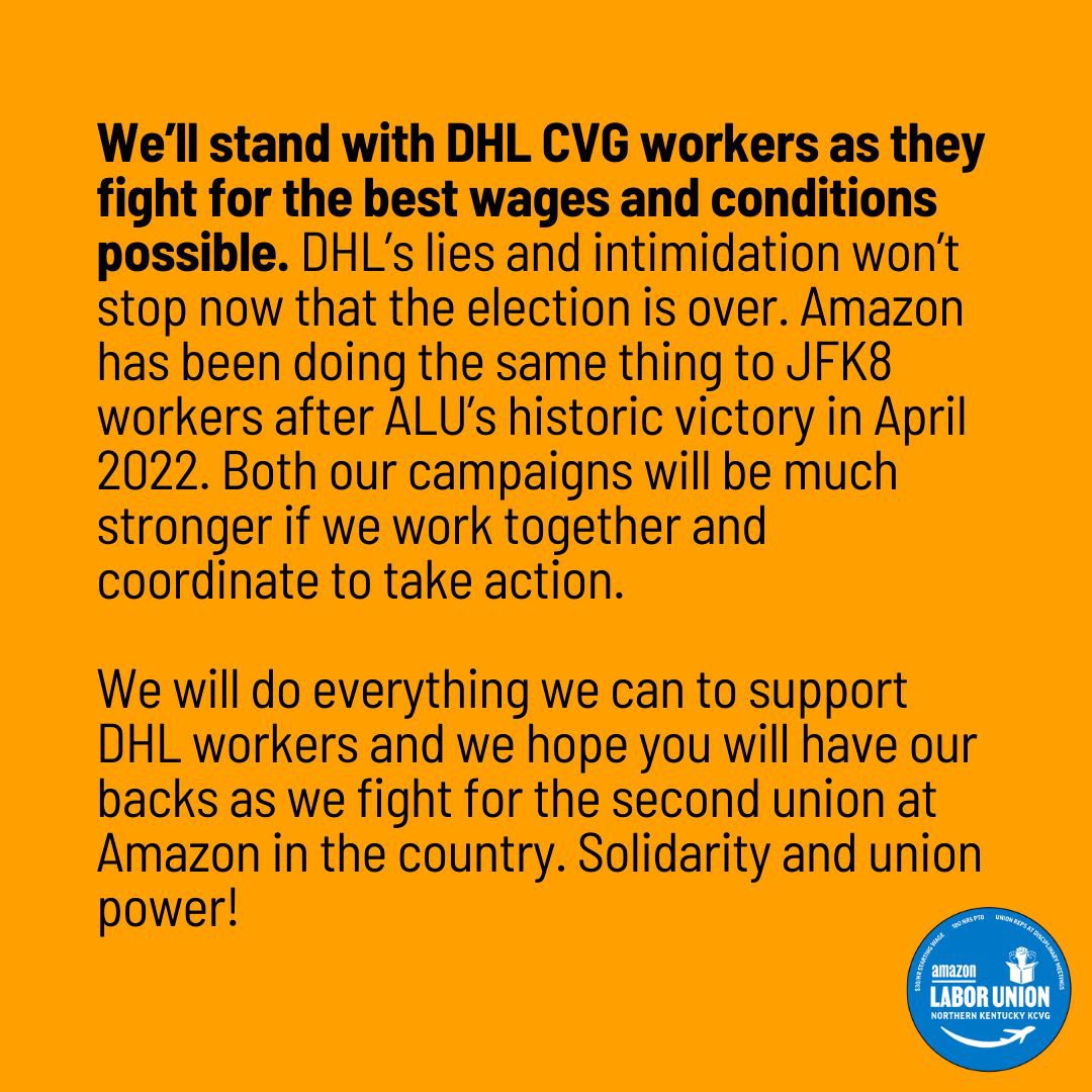 Congratulations to DHL CVG workers on winning their union in a blowout victory with 67% of the vote! DHL workers have shown that massive logistics companies can be beaten, and that when we fight we can win.