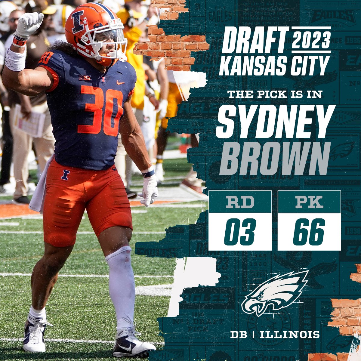 With the No. 66 overall pick in the 2023 @NFLDraft, the @Eagles select Sydney Brown! 📺: 2023 #NFLDraft on NFLN/ESPN/ABC 📱: Stream on NFL+ bit.ly/3Nk9PrV