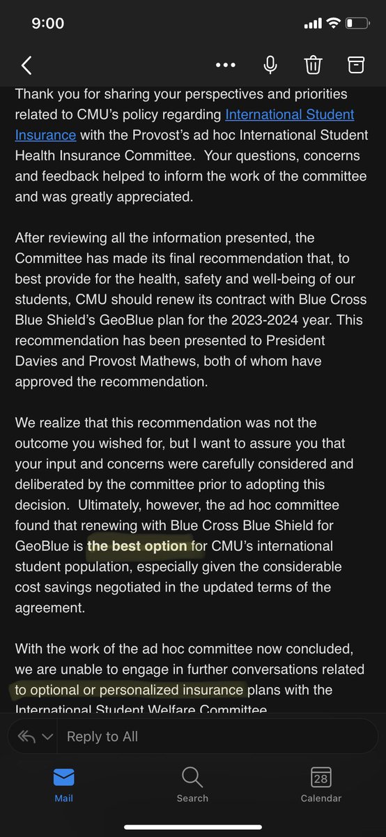 mohamed_elaswad's tweet image. Following up on my last thread👇..This is how @CMUniversity has decided to handle int’l students’ issue with the current insurance policy. It’s sad how the voice of int’l community is turned deaf ears to and being exclusively forced to pay premium and unaffordable ins. fees