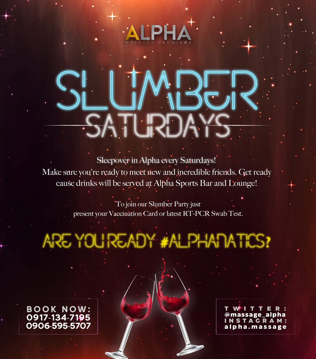 massage_alpha's tweet photo. Who wants to sleepover tonight for #SlumberSaturdays at #AlphaMassage ππ»ββοΈππ»ββοΈππ»ββοΈ
UNLIMITED STAY+FREE DRINKS WITH WORLD-CLASS AMENITIES & THE BIGGEST CROWD π―π―π―
Why go elsewhere? LET'S INVITE EVERYONE! No need to book, walk in na tayo β₯οΈ https://t.co/BGJmUQ2qO1