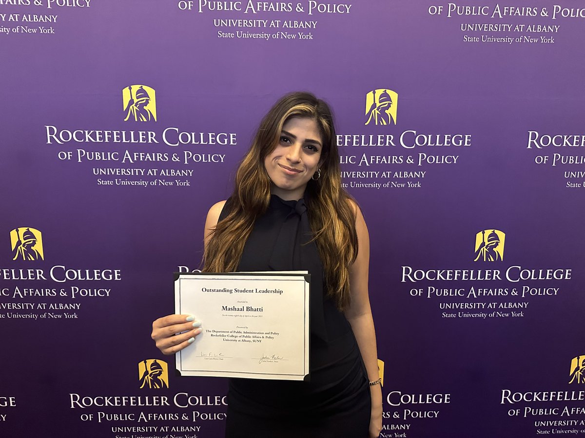mbhatti_'s tweet photo. Honored to receive the Outstanding Student Leadership Award at tonight’s @RockefellerColl Award Ceremony ✨ So thankful for my #UAlbany journey! I can’t believe I will have an MPA in just 2 weeks💛💜💛💜 https://t.co/tzj6BPueyM