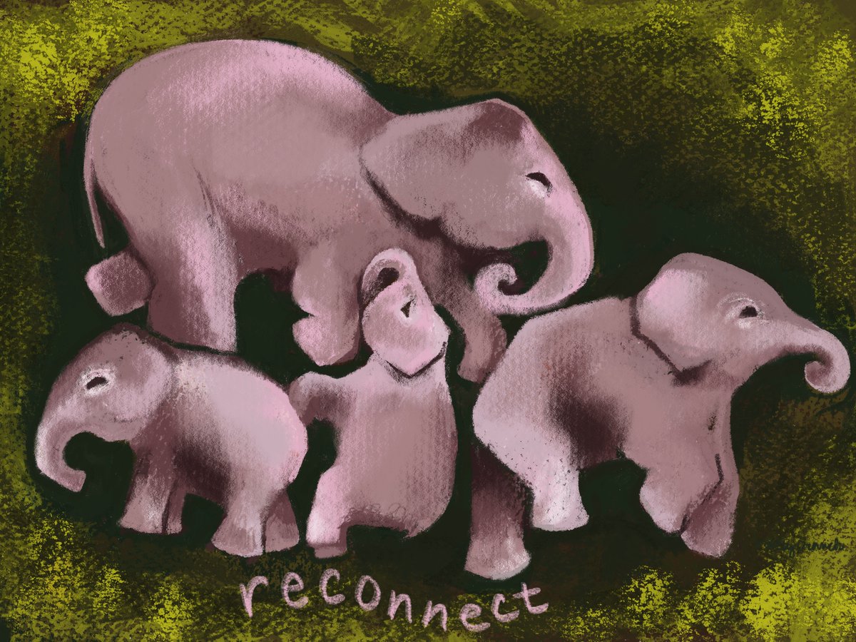 The next prompt for Our Planet Week is “reconnect.” Did you know that elephants occasionally take naps together when traveling by herd for long distances? #ourplanetweek2023 #ourplanetweek #onetreeplanted #reconnect #kidlitart #kidlitartist #elephants #picturebookgold