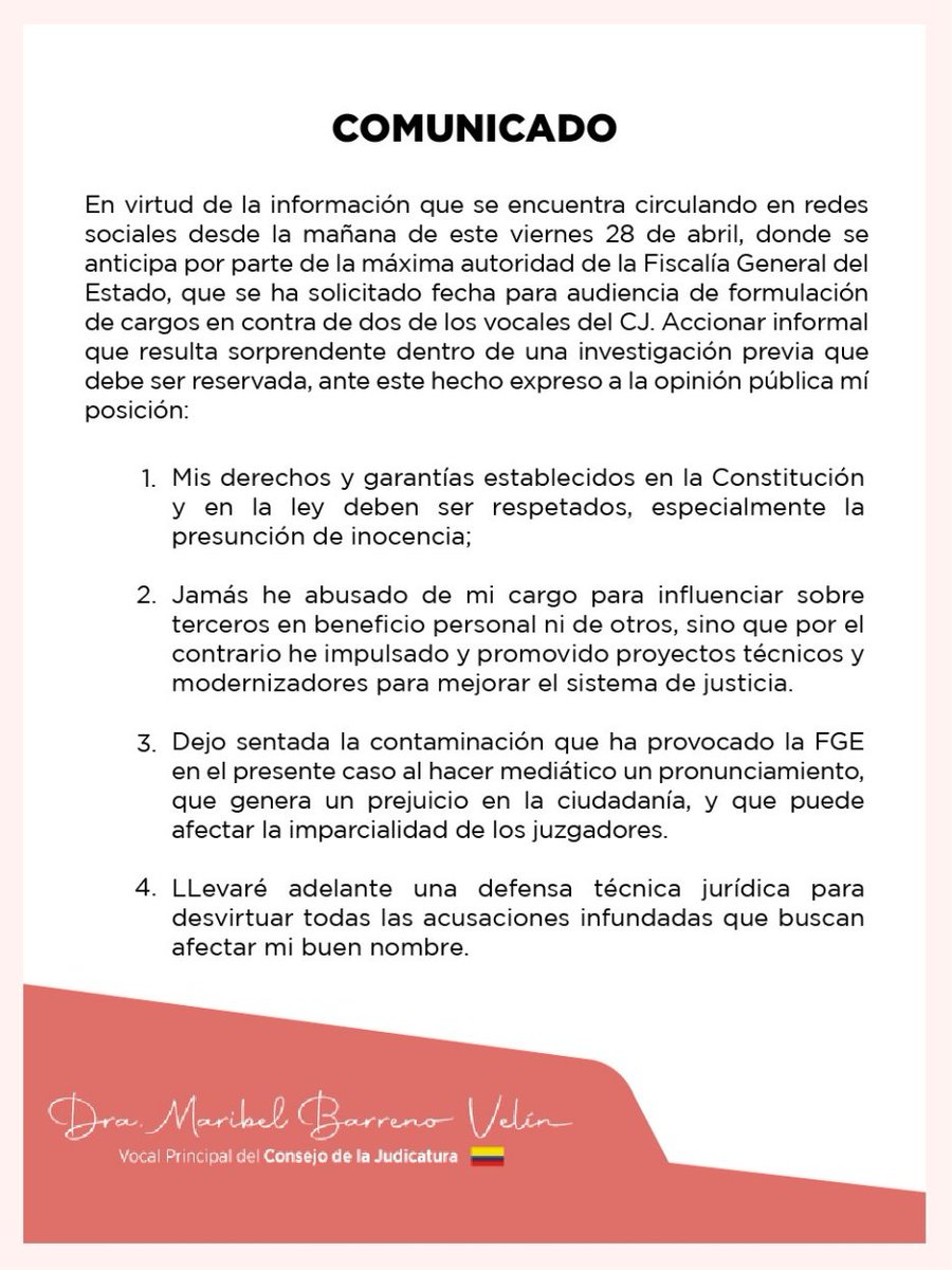 BarrenoMaribel's tweet photo. Mi posición a la opinión pública ante la información que se encuentra circulando en redes sociales desde esta mañana, respecto a que la máxima autoridad de la FGE ha solicitado fecha para audiencia de formulación de cargos en contra de dos de los vocales del @CJudicaturaEc https://t.co/z2dxTiuE5D