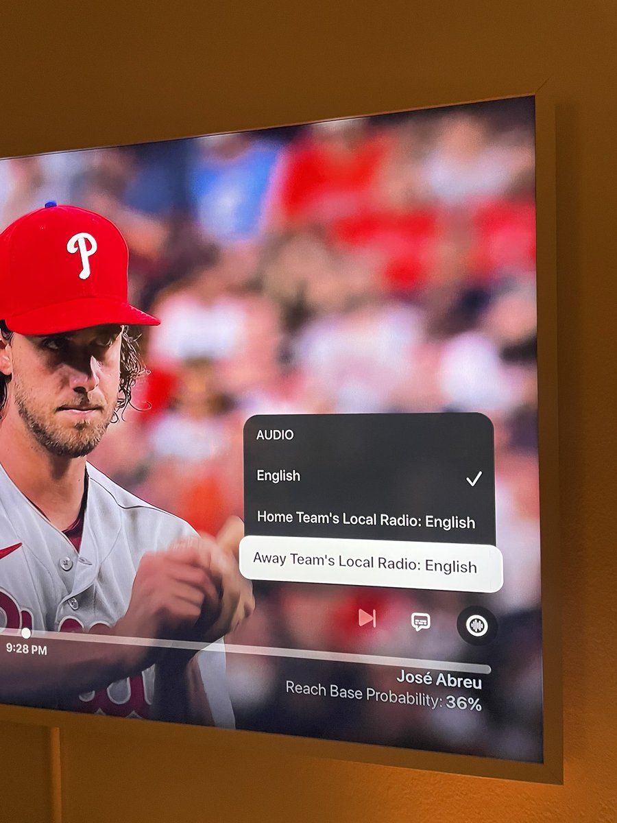 chrisvoutsakis's tweet photo. Well, I caved and bought Apple TV+. The batter probabilities in that clean SF Pro typeface + the option to flip to your home team’s radio is 🤌🏼

Gone are the days of attempting to sync your tv to the radio! https://t.co/3CG7aFDQ8j