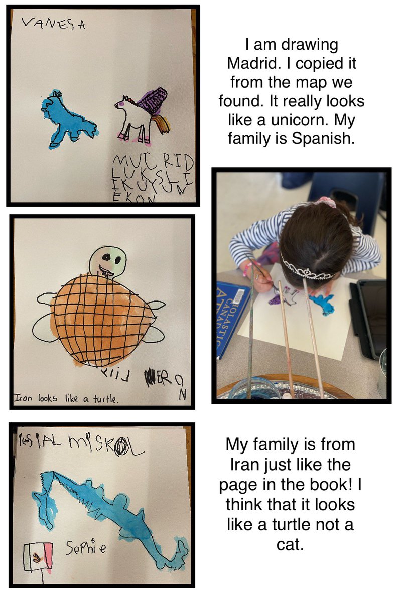 CreativeKindie's tweet photo. We read “The Shape of Home”
by Rashin Kheiriyeh &amp; were inspired by her vibrant illustrations. We talked about where we &amp; our families are from &amp; the shape of home. #kindergarten Ss looked at maps, used sharpies to draw outlines &amp; @Crayola to 🎨. #identity @AllenbyPS_TDSB #tdsb https://t.co/zoR7mJOrJa