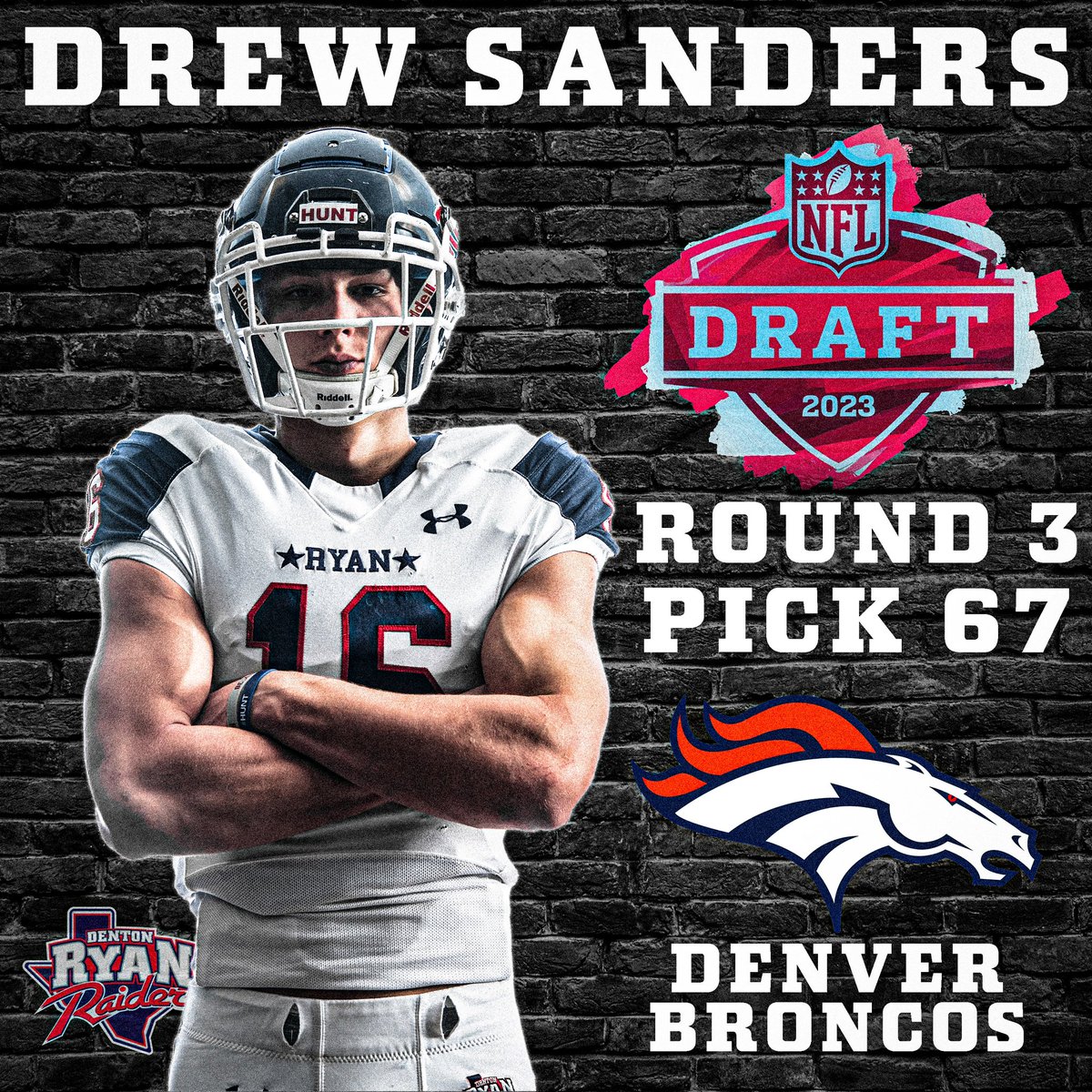 RyanRaiderFB's tweet photo. Let's GOOOOO!!!! Our guy is headed to #BroncosCountry !!! 

Broncos pick LB Drew Sanders with No. 67 overall selection in 2023 NFL Draft

#HomeOfChampions🏆
#NFLRyanRaiders  #NFLDraft 
@SonsofRyan @dentonisd https://t.co/YM8Ho8eR5l