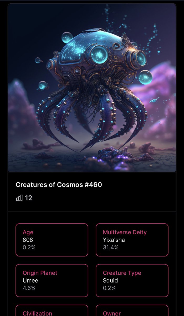 PlanetsofCosmos's tweet photo. Our vision of @Umee_CrossChain 

Rank 12 Squid with the trait “Origin Planet: Umee” 🦑

There is a piece of alpha on this tweet 💯

Hint: 🪐 🎂 https://t.co/F6dBc6EXKo