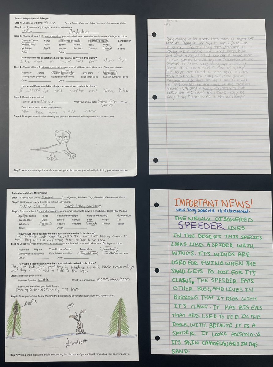 We researched animal/plant adaptations in 4 different biomes. We then created a newly discovered species by choosing adaptations that would help it survive in a particular biome, drew the species and wrote an article introducing the new find! <a href="/LrmsWolves/">LRMSWolves</a>