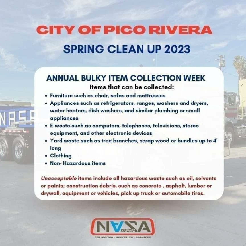 PicoRiveraCity's tweet photo. Attention Residents: If your regular schedule Trash Pick Up day is on Tuesdays, then Saturday, April 29, will be your collection day for NASA Services Bulky Item Pick Up.

Please be sure to have all your items out by 6:00 a.m.

For more information, call 1.888.888.0388. https://t.co/Y3ysgb6slp
