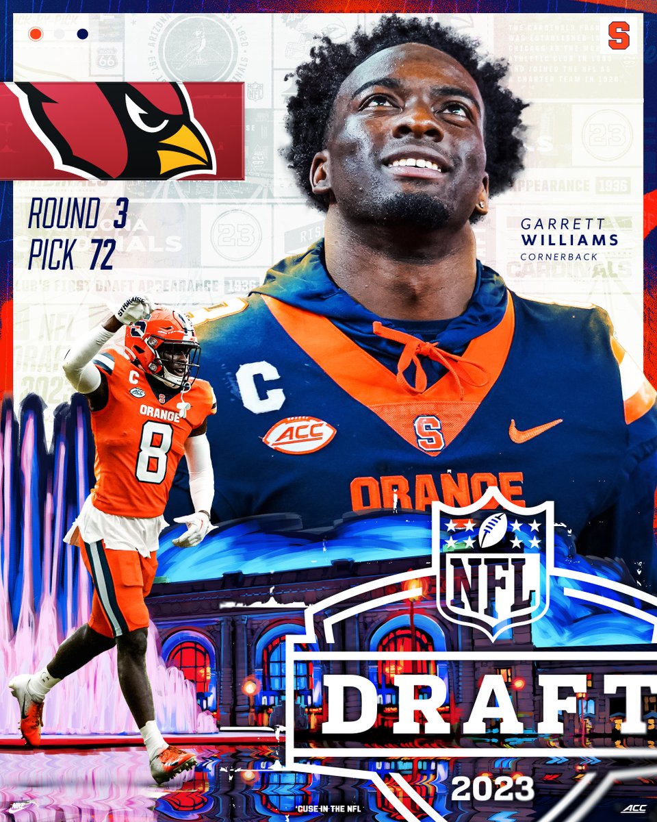 CuseFootball's tweet photo. LET'S GO, GW!

@garrettismynam3 is headed to the desert to play for the @AZCardinals!

#ProOrange x #NFLDraft https://t.co/hoMNFqPqm2