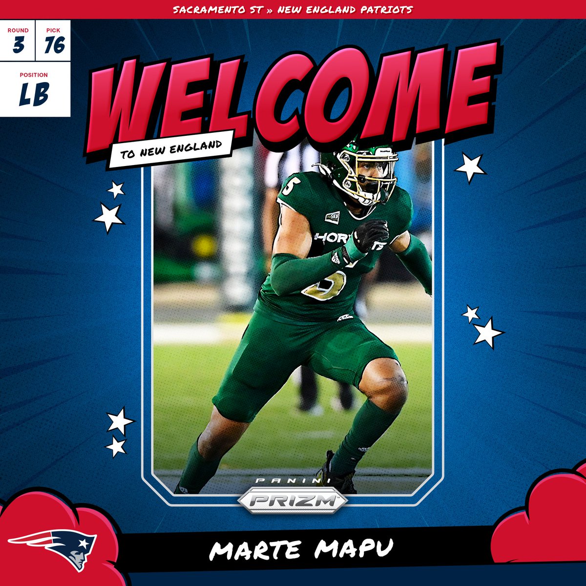 Patriots's tweet photo. Marte to NE.

The Patriots select Marte Mapu from the @SacHornetsFB! https://t.co/kJfbPXj3S7