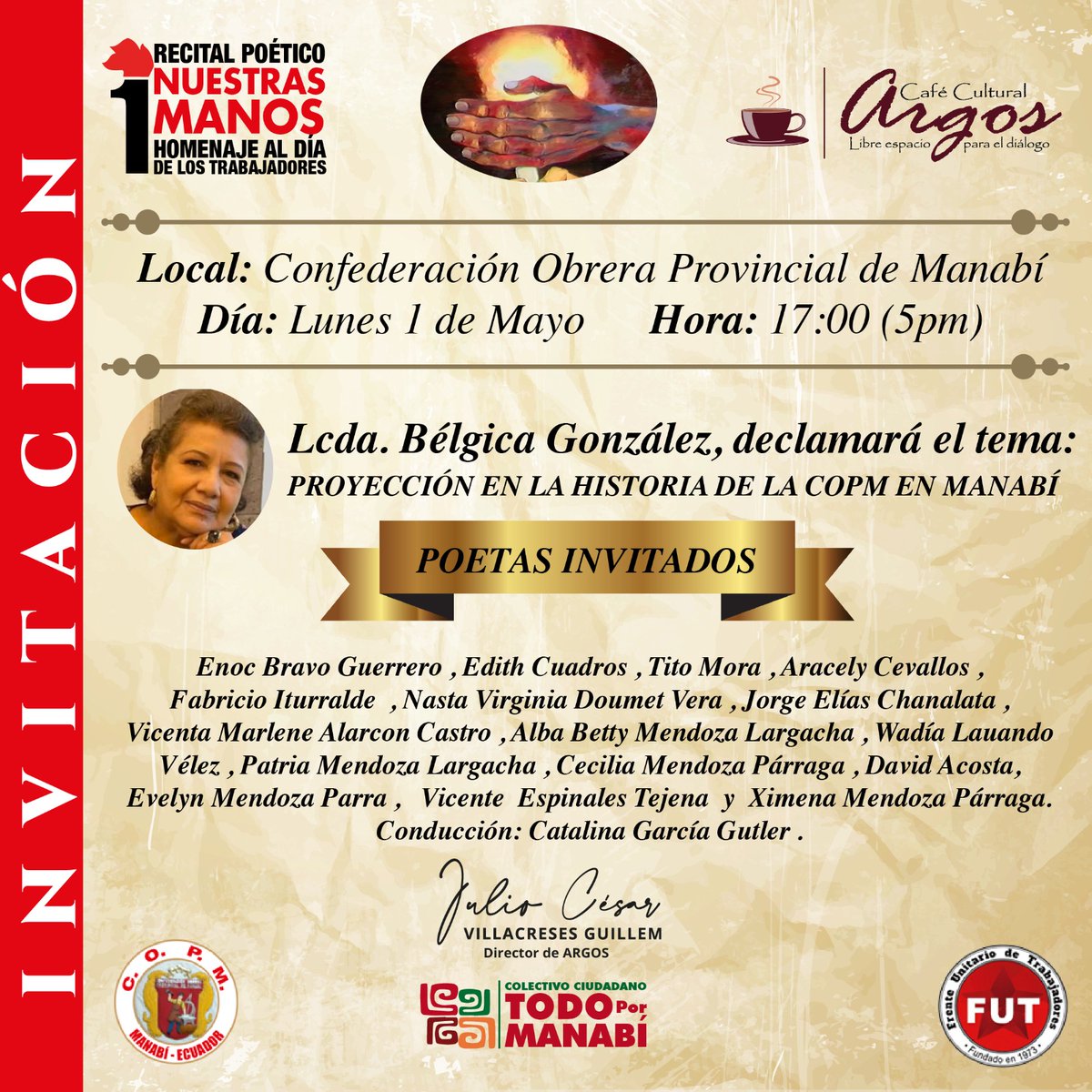 SManabitas91686's tweet photo. 1ero de Mayo una fecha para recordar martires de Chicago. Pero también para renovar nuestro compromiso de lucha por los marginados, cantarles con versos de esperanza. Acompáñanos en histórica #COPM -Portoviejo 17H00 .
¡Viva el FUT! @prensaceosl , @CEDOCUT , @fenocinecuador https://t.co/6z2l7FFIRl