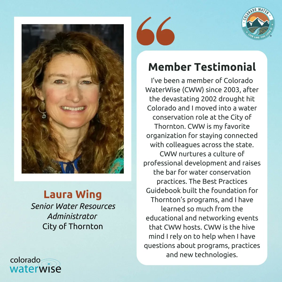 ColoWaterWise's tweet photo. We're thrilled to hear from one of our valued members about the impact Colorado WaterWise has had on her water conservation journey. Thank you for your continued support and dedication to sustainable water management, Laura!
#Testimonial #ColoradoWaterWise #LLYLI #Water https://t.co/Jwi8ejpL7K
