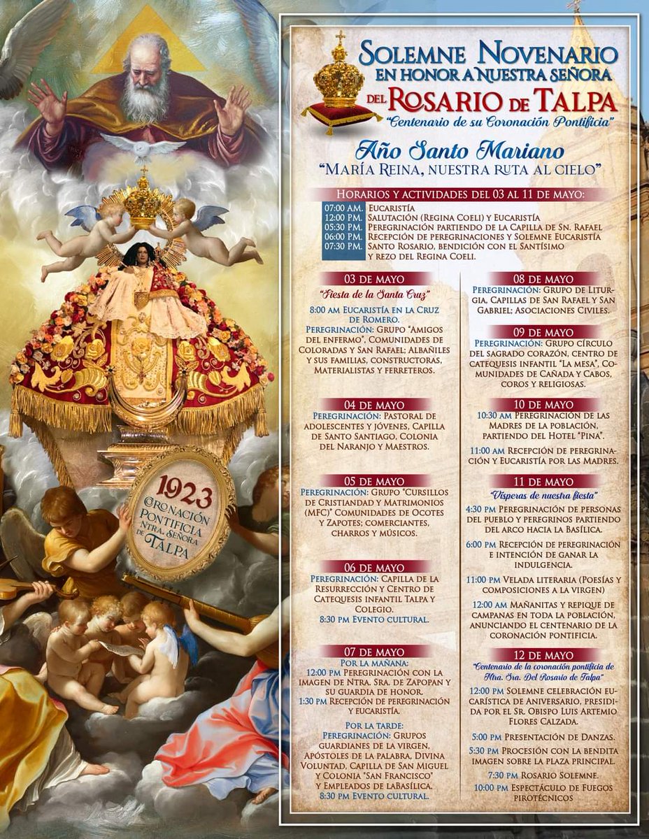 Talpa_Magico's tweet photo. En la celebración del Primer Centenario de la Coronación Pontificia de la Taumaturga Imagen de la Virgen del Rosario, el programa de este aniversario. @webcamsdemexico @EsMexico @Sierra_Jalisco @Secturjal @ExpCulturaMx @MagicosMex https://t.co/TESWQHYMsA