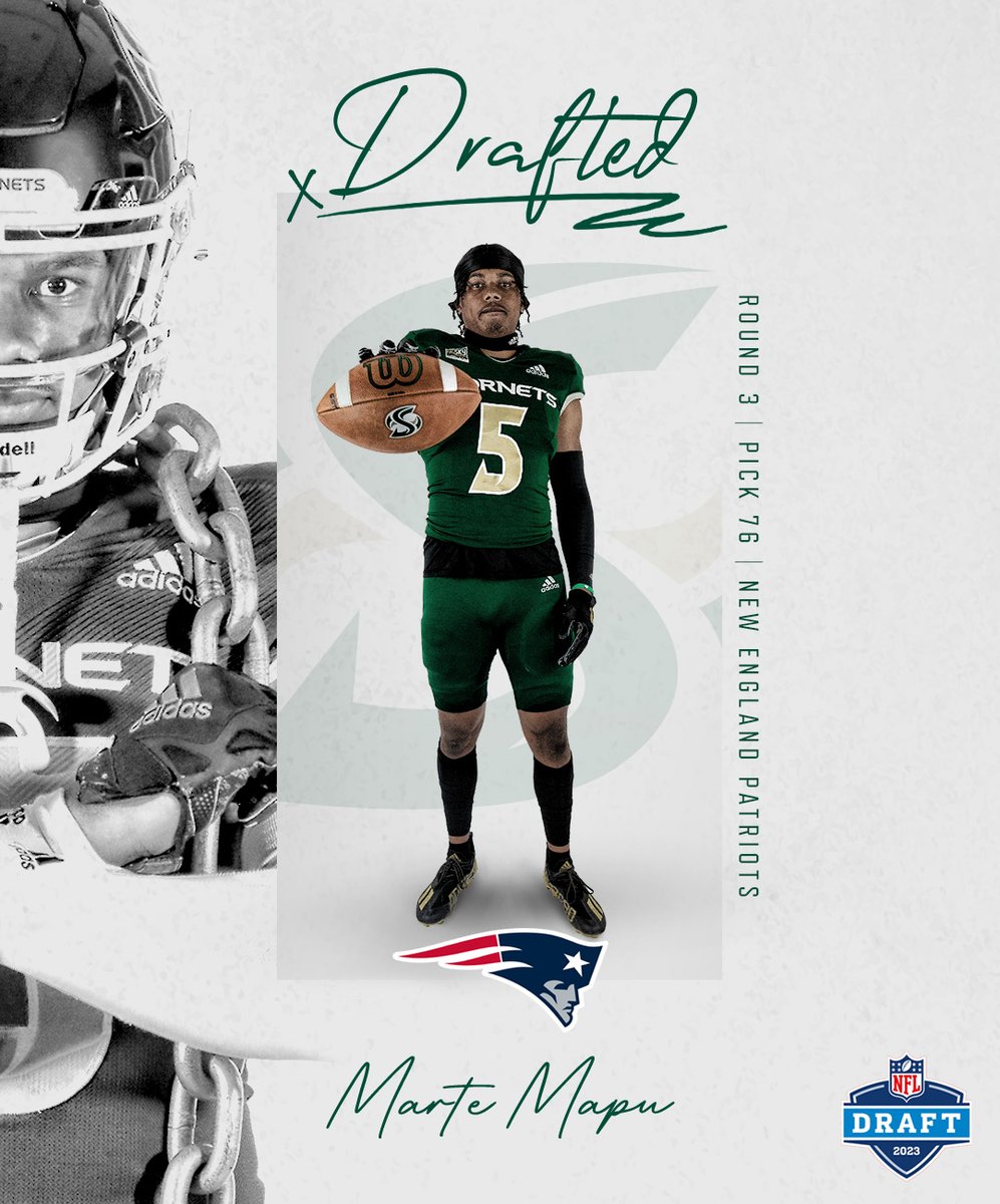 SacHornetsFB's tweet photo. With the 13th pick of the third round (76th overall) the New England Patriots select Marte Mapu!! #StingersUp #HornetsInThePros #BigSkyFB https://t.co/ewWQj3OOIS