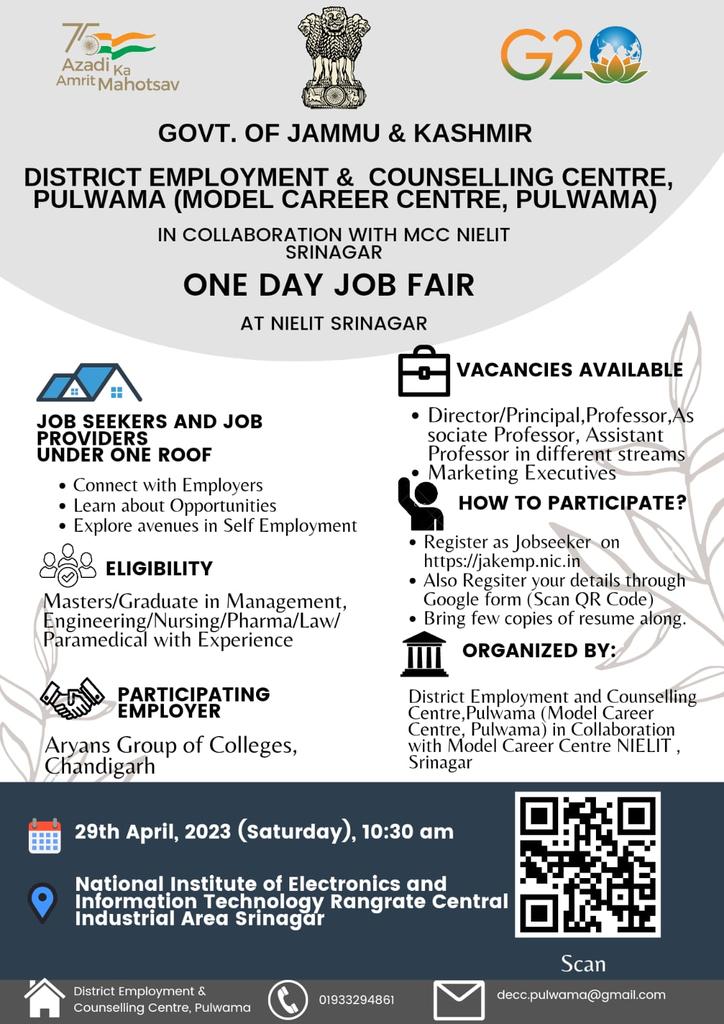 Hy_per_mudu's tweet photo. All the desirous candidates  are informed to participate in the one day Job Fair at NIELIT Rangreth on 29-04-23. #JammuAndKashmir
#Srinagar #QatarIn #JobFair
#India #PMModi #WrestlerProtest https://t.co/YFS62AeJEk