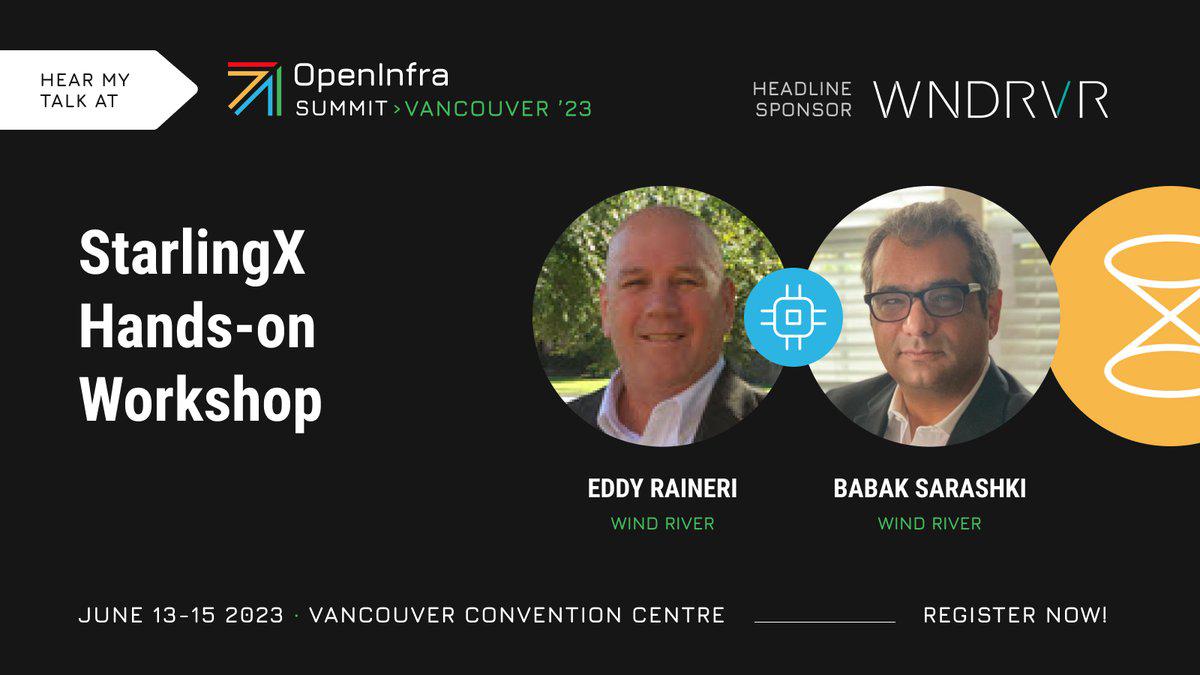 scottawalker's tweet photo. Getting excited for #OpenInfraSummit in Vancouver and our hands-on #StarlingX workshop, where community members will show how to deploy StarlingX and explore the dashboard.

Sign up for this Thurs, June 15 workshop here - spaces limited! https://t.co/znotmmpBYu

#wearewindriver https://t.co/hhh2lyj98r