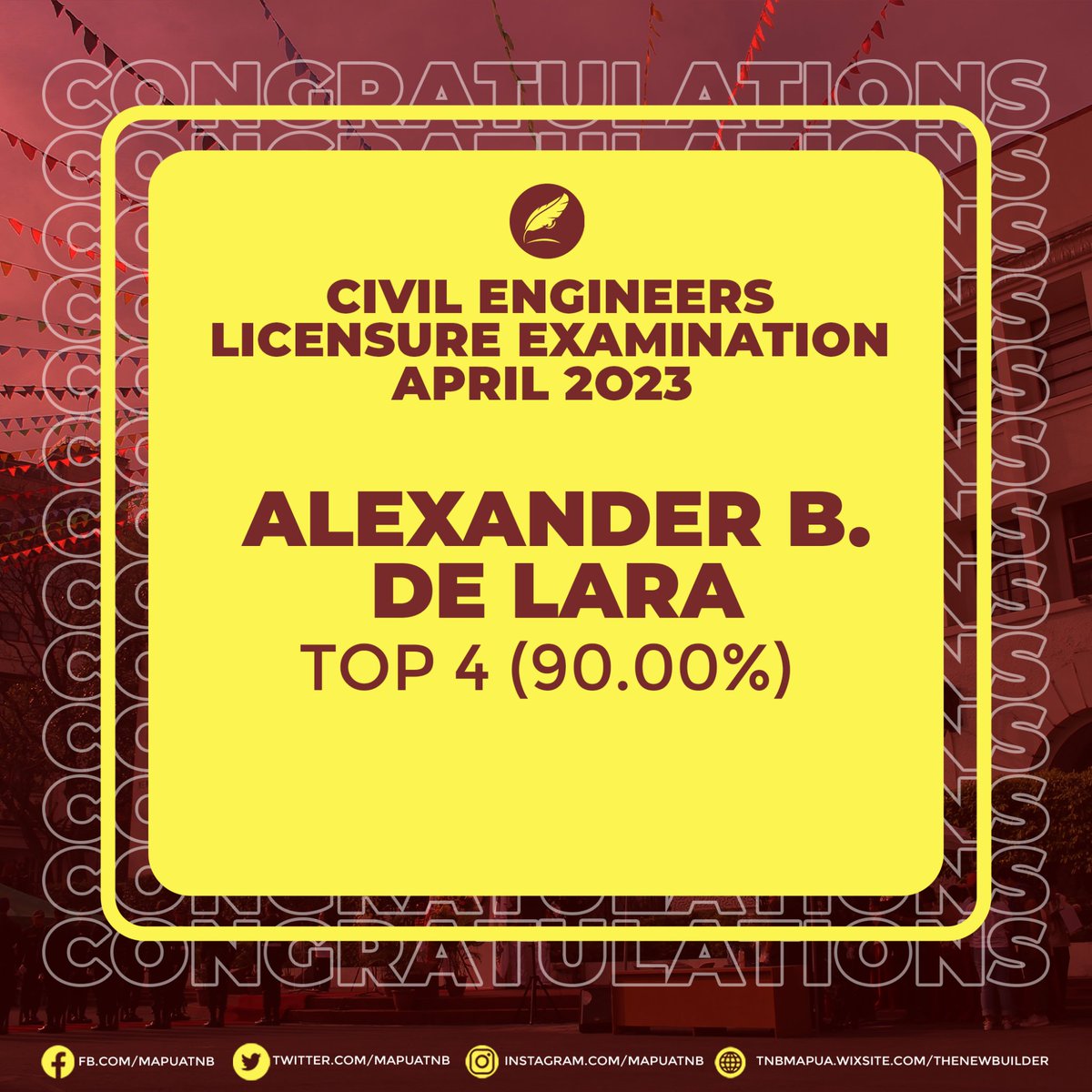 MapuaTNB's tweet photo. LOOK: Mapรบa alumnus Engr. Alexander de Lara ranked fourth with a 90.00% rating in the recently concluded April 2023 Civil Engineers Licensure Examination.
The University also garnered a 47.44% passing rate among 293 examinees. The national passing rate is 34.76%. https://t.co/M4kN29S6yJ