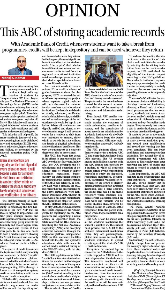 dempocollegegoa's tweet photo. #NEPImplementation 

As #Goa gets ready to introduce #NEP at the graduation level, our Principal, Prof. @drmanojkamat clears the air about #ABC and changes in this #Education #Ecosystem

Read on @Navhind_Times 
@AicpOf @ugc_india @GoaUniversity @OfficialIGNOU https://t.co/K3Mx1KmYeW