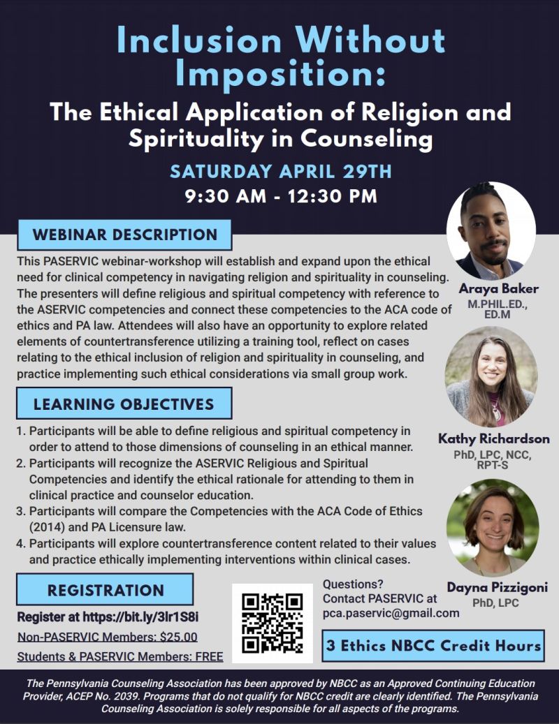 arayabaker's tweet photo. Join colleagues and I tomorrow—9:30–12:30—a webinar-workshop hosted by @PaCounAssociat's chapter of @ASERVIC_ACA (Association for Spiritual, Ethical, and Religious Values in Counseling). https://t.co/BPO1aiwzAq