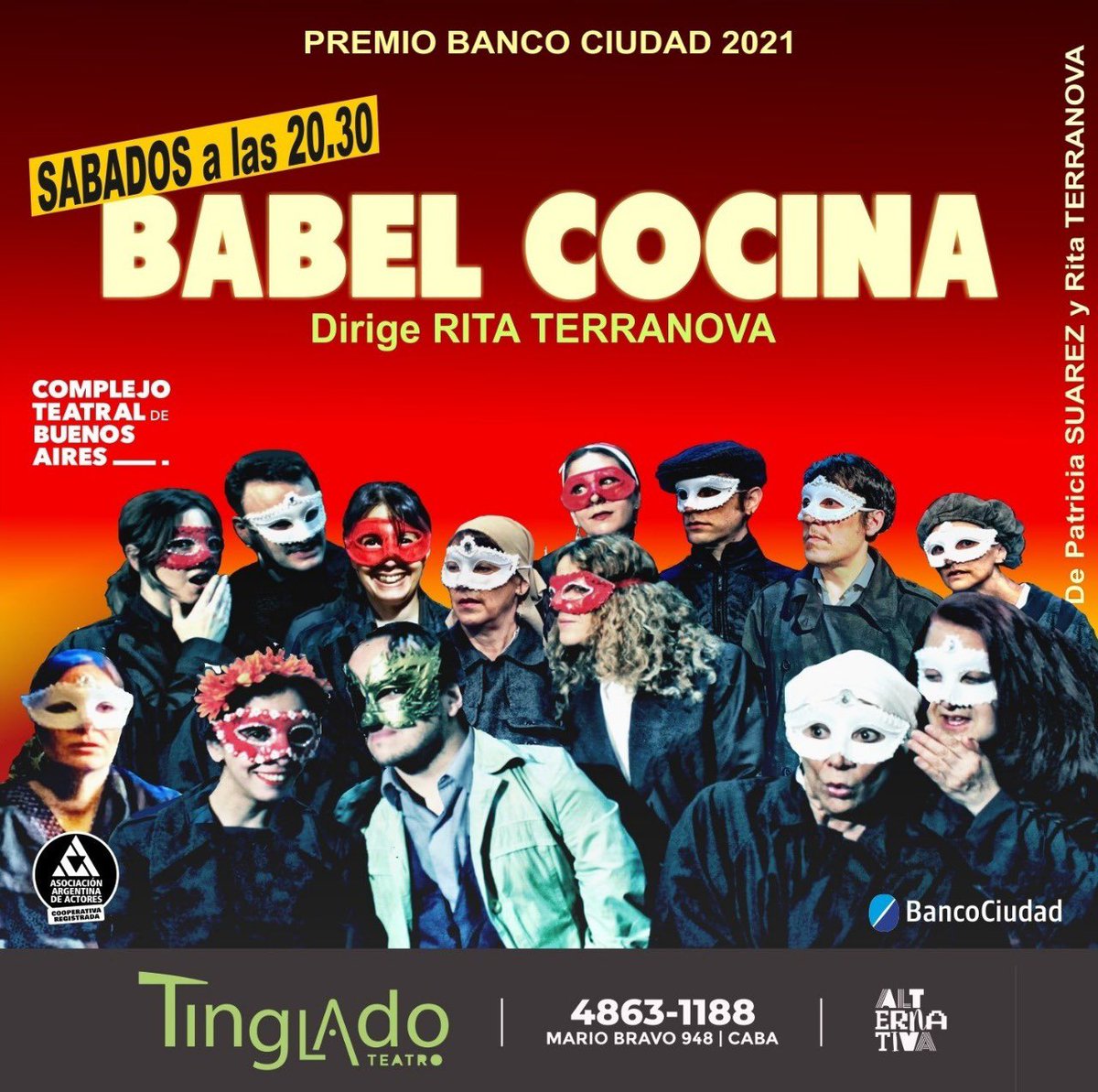 multiteatro's tweet photo. 📌 Ganadora del Premio Banco Ciudad 2021 -otorgado por esa entidad bancaria y el Complejo Teatral de Buenos Aires- “Babel cocina” fue declarada de Interés Cultural por el Ministerio de Cultura de la Nación. 
Nuevo año en el teatro El Tinglado, con funciones los sábados 20.30 hs. https://t.co/Fy2VvV63Uf