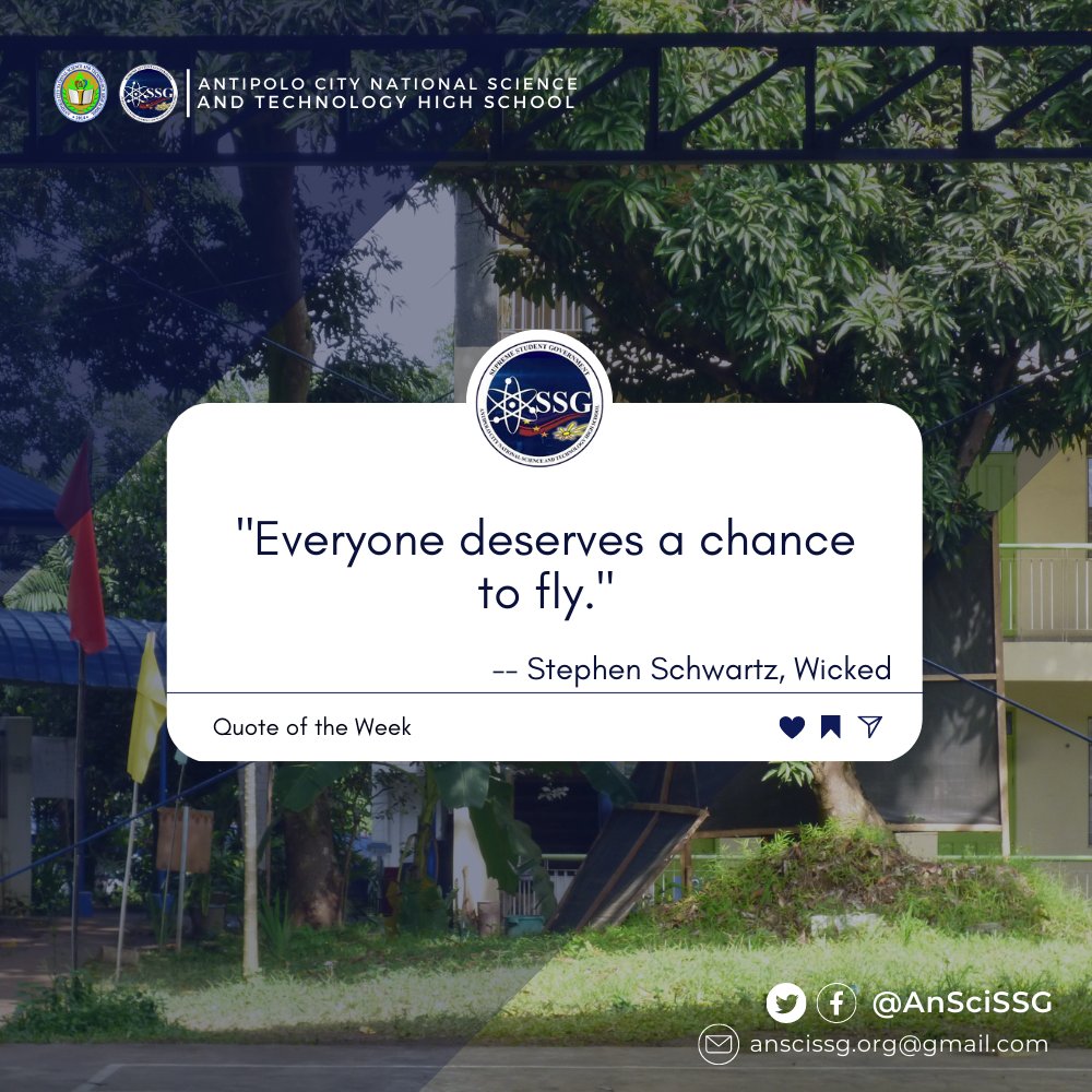 AnSciSSLG's tweet photo. 𝐐𝐔𝐎𝐓𝐄 𝐎𝐅 𝐓𝐇𝐄 𝐖𝐄𝐄𝐊  

"Everyone deserves a chance to fly."

- Stephen Schwartz, Wicked

#QuoteofTheWeek 
#ACNSTHS 
#ACNSTHSSSG https://t.co/BK8yM95VCm