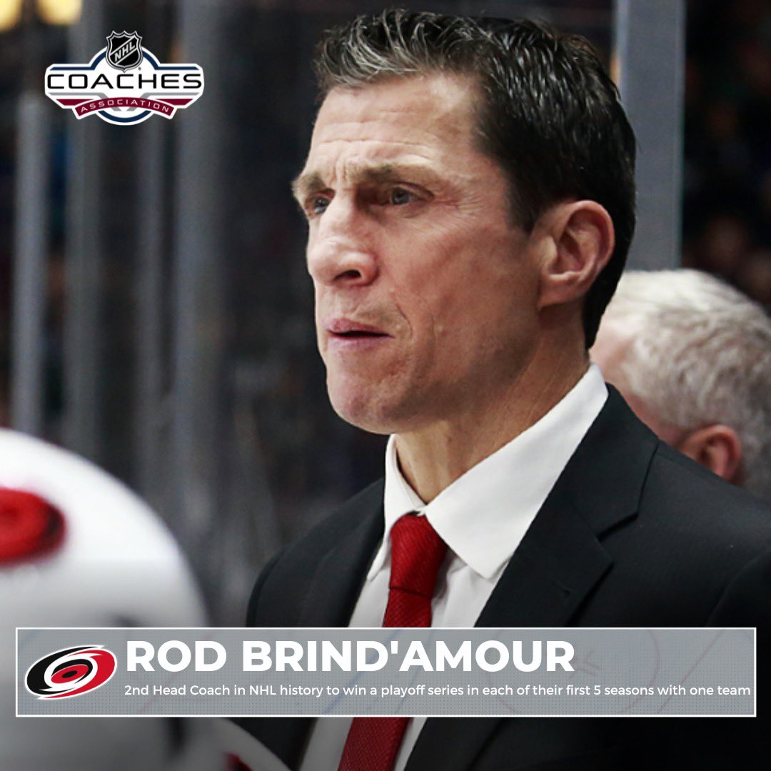NHLCoachesAssoc's tweet photo. Rod Brind’Amour (@Canes) becomes only the second Head Coach in #NHL history to win a #StanleyCup Playoff series in each of his first five seasons with the same team. 

He joins Toe Blake. https://t.co/JW3tDvCj8K