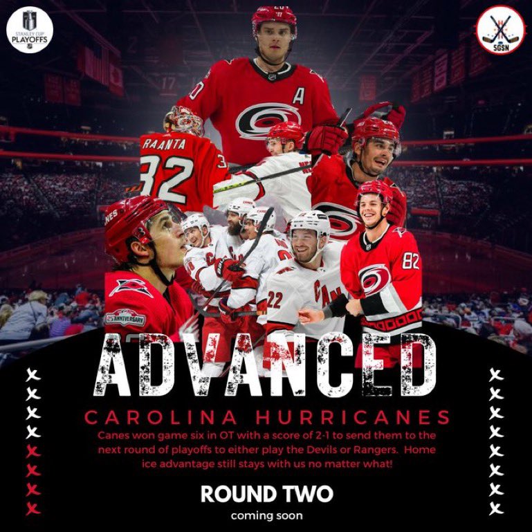 5andaGameSN's tweet photo. The Carolina Hurricanes punched their ticket to Round Two! They’ve eliminated the New York Islanders in six games 4-2. #LetsGoCanes #NeverCompromise #5GSN https://t.co/wrBkBeRrRQ