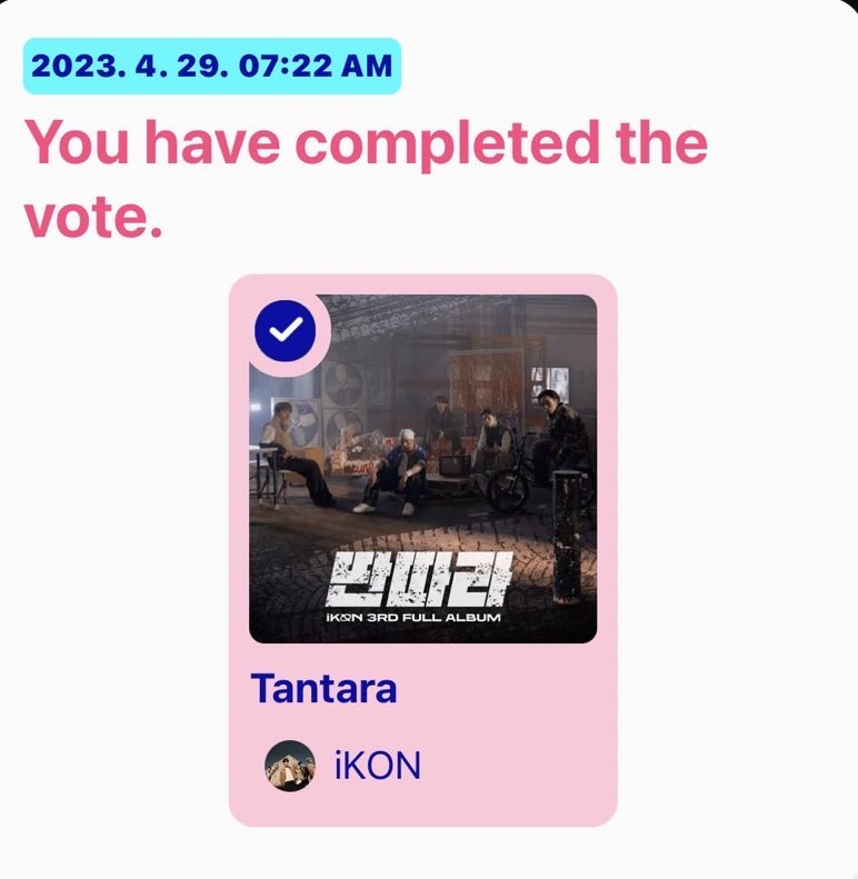 kon_squad's tweet photo. [MCOUNTDOWN PRE-VOTING]

NOW OPEN‼️

Voting period:
04/28-05/01 (22:59KST)

Vote for #iKON TANTARA📢
🖇️https://t.co/pEAzND4tV5

Restriction: max of 2 votes per IP address.

#아이콘 @iKONIC_143 #iKON https://t.co/CIP3uJfP3D