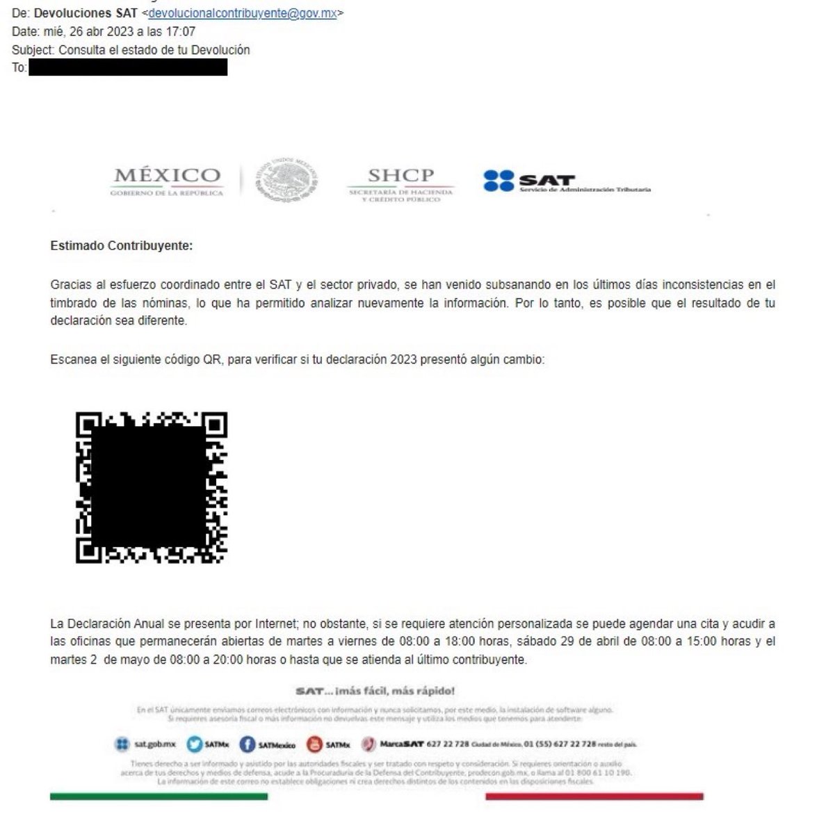 gallocombo's tweet photo. Varios usuarios han reportado un correo electrónico de #phishing suplantando la identidad del SAT, aprovechandose de la temporada de devoluciones. 
Que sucede si escanean el QR?
#ciberseguridad https://t.co/W0dPidDgYd