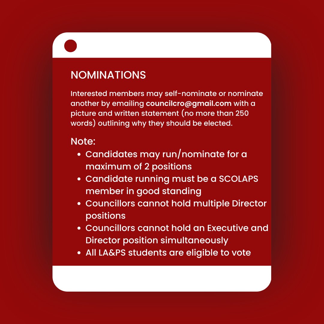 SCOLAPS_YU's tweet photo. Hey lions! 🦁

SCOLAPS' election is right around the corner. 🗳️

View available positions, how to run, and other important election details in our post. The link to the nomination form can be found in our bio. 🔗

DM or email us with any questions/concerns. https://t.co/H9znH2jCfZ