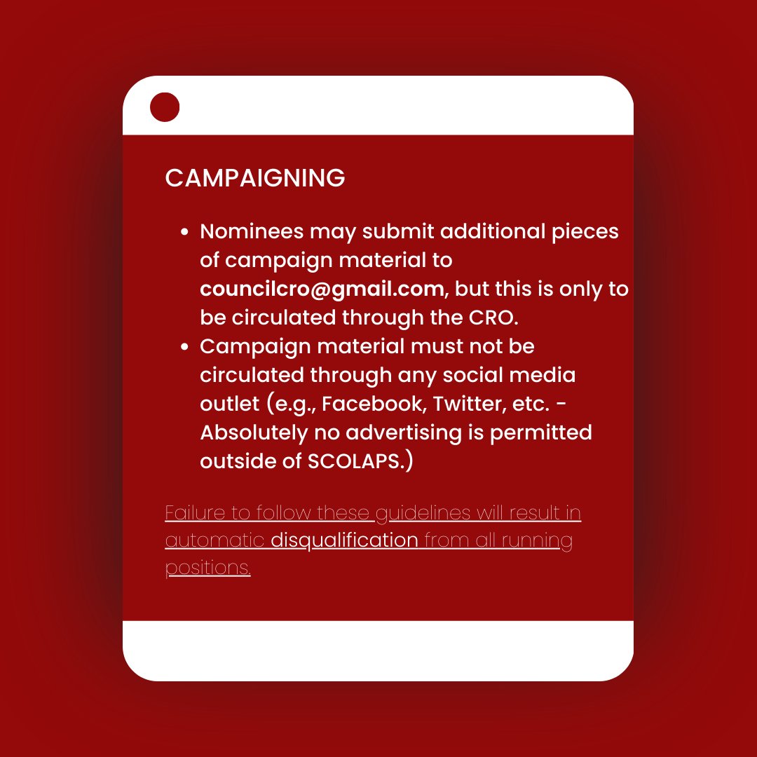 Hey lions! 🦁

SCOLAPS' election is right around the corner. 🗳️

View available positions, how to run, and other important election details in our post. The link to the nomination form can be found in our bio. 🔗

DM or email us with any questions/concerns.