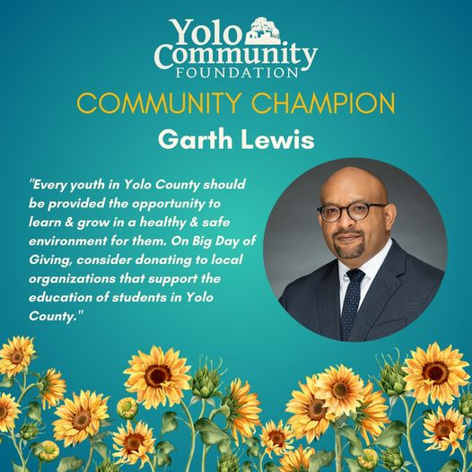 YoloCOE's tweet photo. @YoloCoSupt Garth Lewis is proud to be a Community Champion for this year's @bigdayofgiving. Local nonprofits are instrumental in supporting K-12 education. On May 4, consider making a donation to a local organization that supports the development of children and youth. #BDOG2023 https://t.co/JZWQjLUU9E