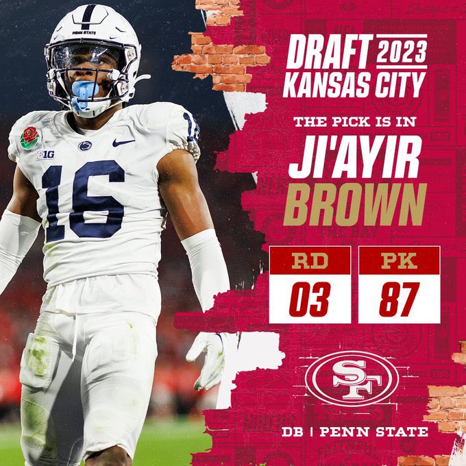 JUCO Football Frenzy (@JUCOFFrenzy) on Twitter photo 2023-04-29 02:32:54 With the No. 87 overall pick in the 2023 @NFLDraft, the @49ers select Ji'Ayir Brown! @_Tiig2 #JUCOPRODUCT With the No. 87 overall pick in the 2023 @NFLDraft, the @49ers select Ji'Ayir Brown! @_Tiig2 #JUCOPRODUCT